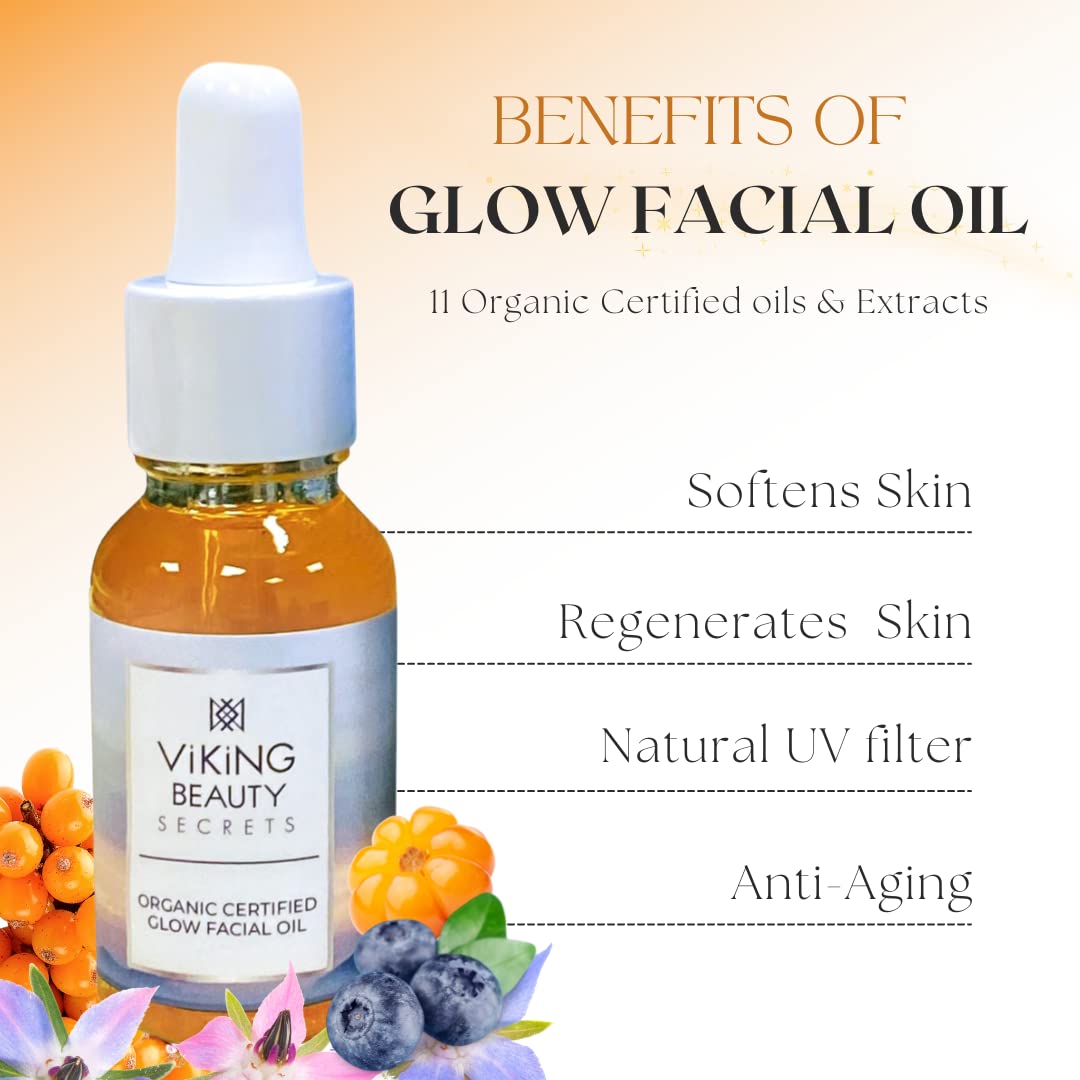 Glow Facial Oil - Organic Face Oil with Blend of 11 Certified Organic Oils and Extracts - Hydrating Face Oil with Nordic Berries - Face Oil for Women and Men - 0.5 fl oz