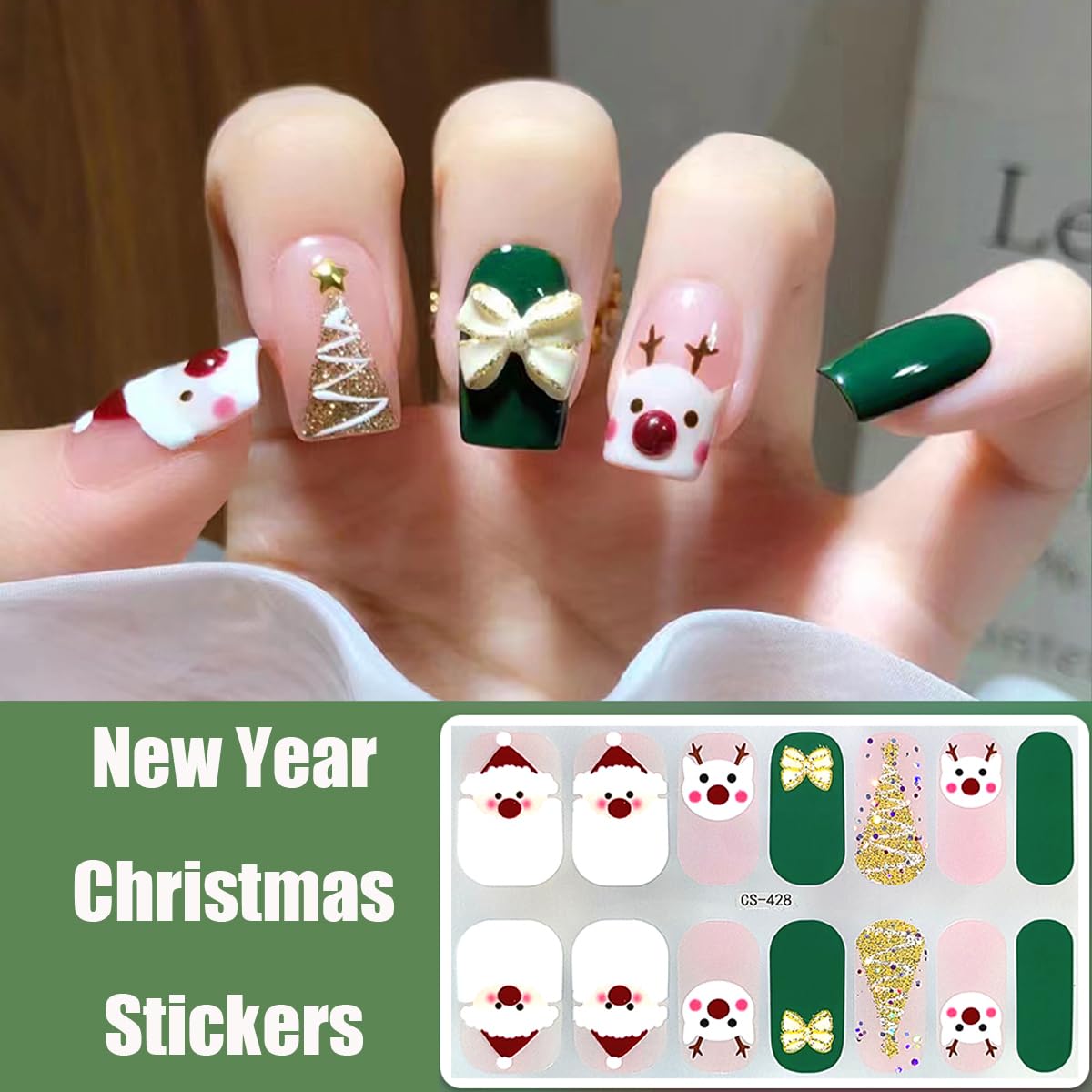 Christmas Gel Nail Strips Stickers Santa Claus Gel Nail Stickers Cute Reindeer Gold Glitter Xmas Trees Design Christmas Full Wrap Winter Gel Nail Decals for Women DIY New Year French Manicure 4Sheets