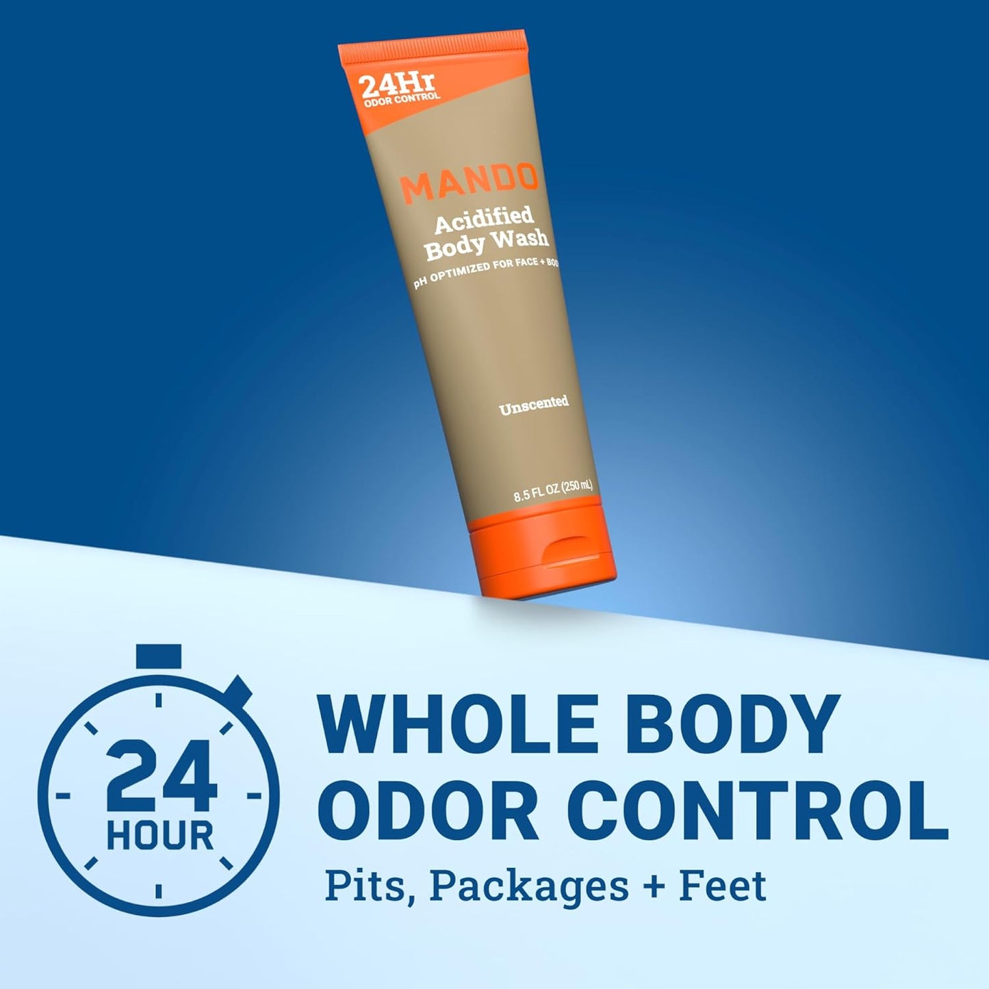 Mando Odor Shield Body Wash - 24 Hour Control - Removes Odor Better than Soap - SLS Free, Paraben Free, Skin Safe - 8.5 Ounce (Pack of 2) (Unscented)