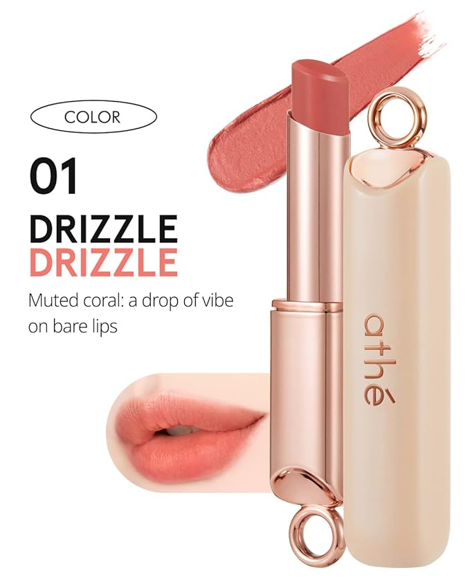 ATHÉ Authentic Airy Lip Balm 01 DRIZZLE, Korean Vegan Color Lip Blam, Flake-Free Slim Fit Lips, Silky Powdery Finish & Air-like Blurring with Vibrant Colors, 0.11oz.