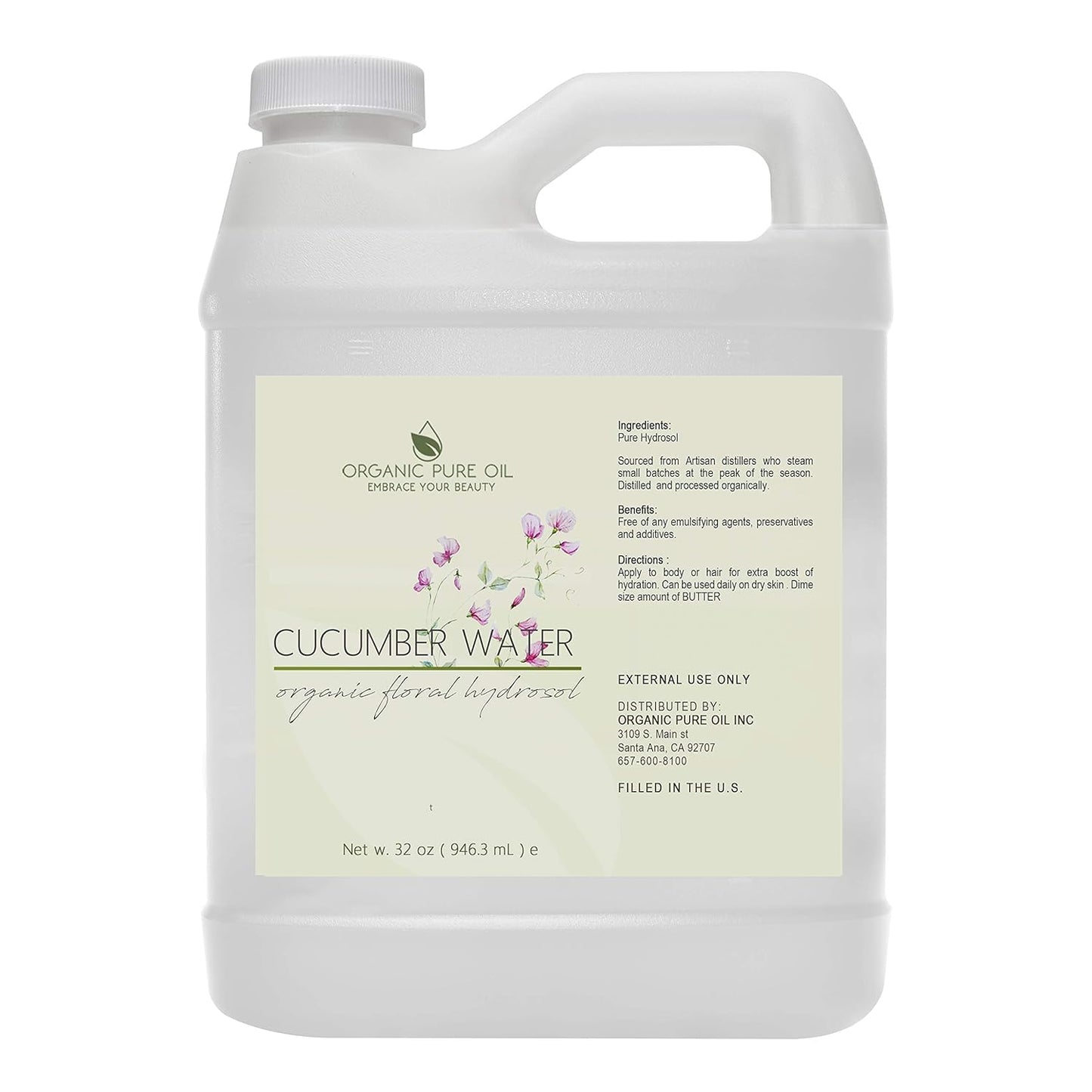 OPO Cucumber Hydrosol - Pure Steam Distilled Hydrating Floral Water Bulk Refill 32 oz - 1 Quart for Skin Hair Face, Greasy, Oily Skin Hair Locs Face Cleansing Toning Spray - Packaging May Vary