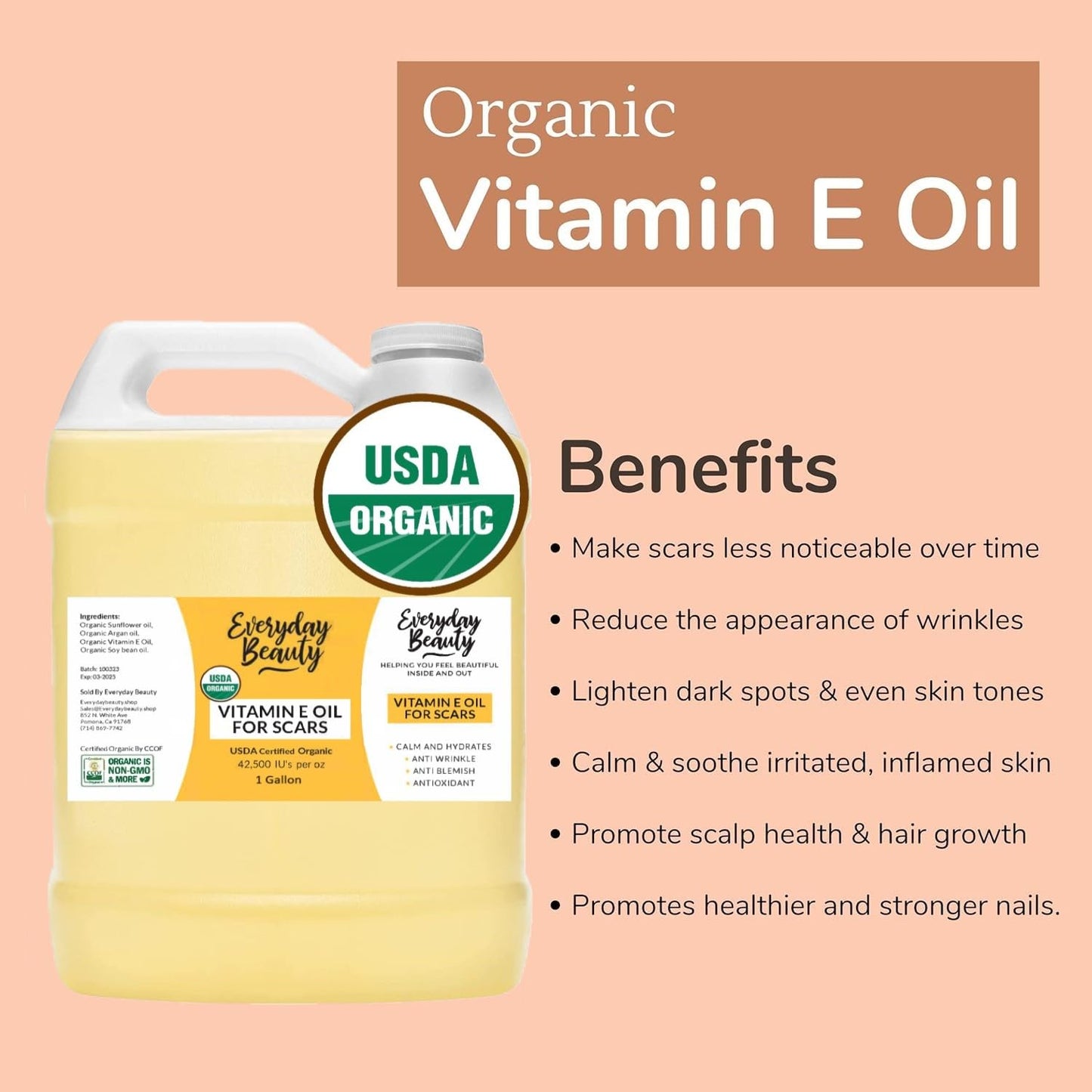 Organic Vitamin E Oil Bulk - 1 Gallon USDA Certified 100% All Natural Plant Based - Light and Unscented Great for Scars After Surgery - For Face, Skin and Nails - DIY, Reduce Wrinkles & Anti Aging