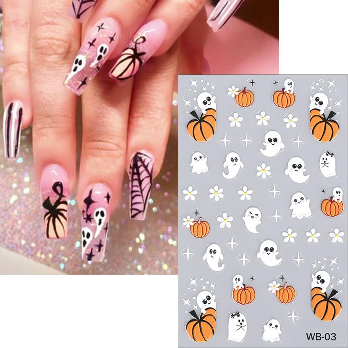 6 Sheets Halloween Cute Ghost Nail Stickers for Nail Art 3D Self-Adhesive Glitter Pumpkin Spider Web French Nail Art Decals Black White Halloween Starlight Nail Decals for Women DIY Manicure Art Kit