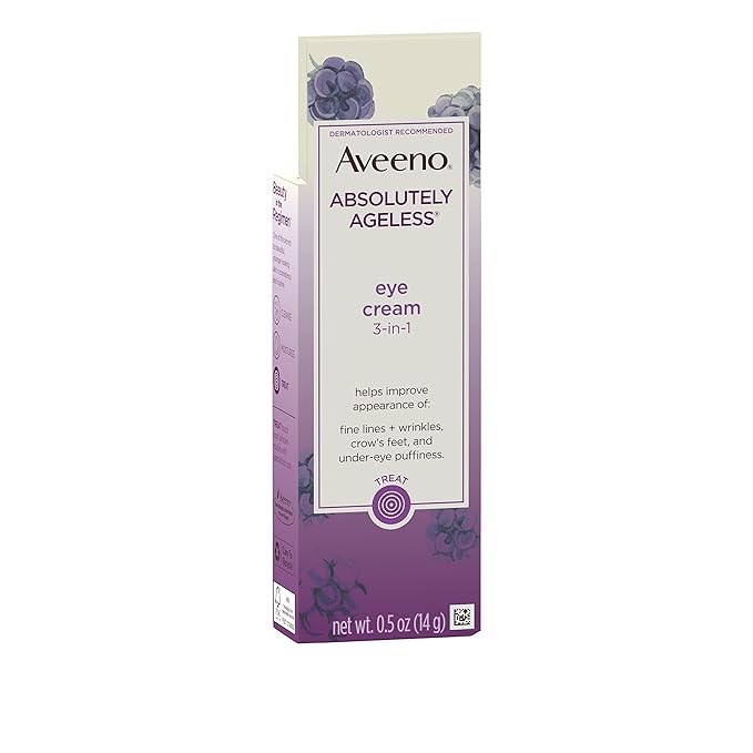 Aveeno Absolutely Ageless 3-in-1 Anti-Wrinkle Eye Cream for Fine Lines & Wrinkles, Crows Feet, & Under-Eye Puffiness, Antioxidant Blackberry Complex, Hypoallergenic, Non-Greasy, 0.5 oz