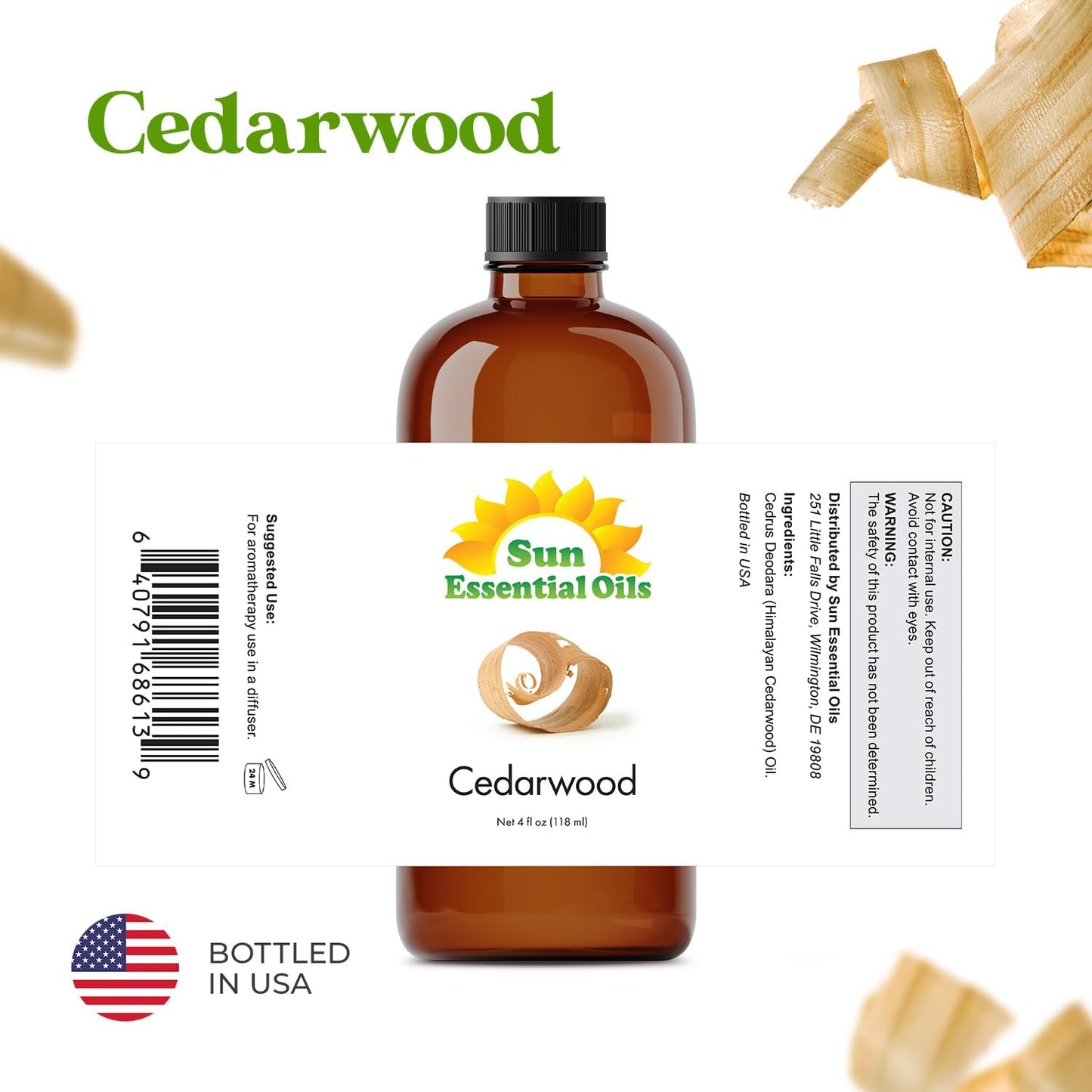 Sun Essential Oils - Cedarwood 4oz Bottle for Humidifier, Diffuser, Soaps, Candles, Hair and Skin Care