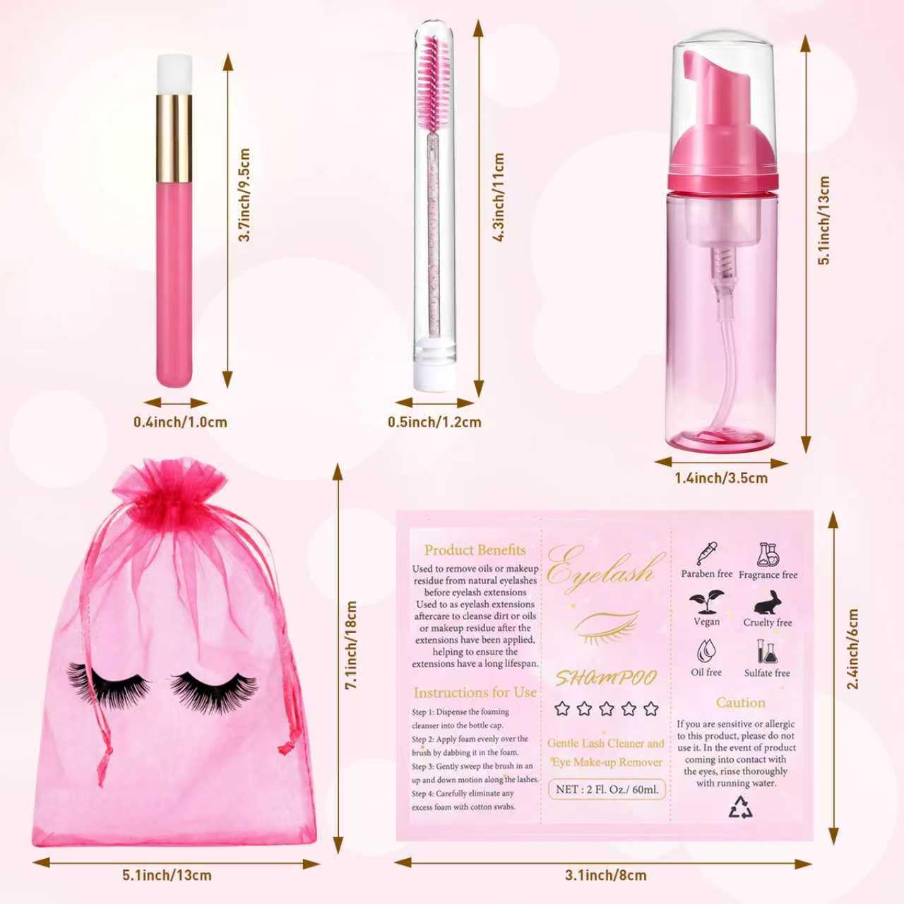 50 Pcs Lash Shampoo Bottle Brushes Set 10 Empty Foam Pump Dispensers 10 Label Stickers 10 Mascara Wands Tubes 10 Cleansing Brush 10 Bag for Eyelash Extensions Aftercare(Rose Red)