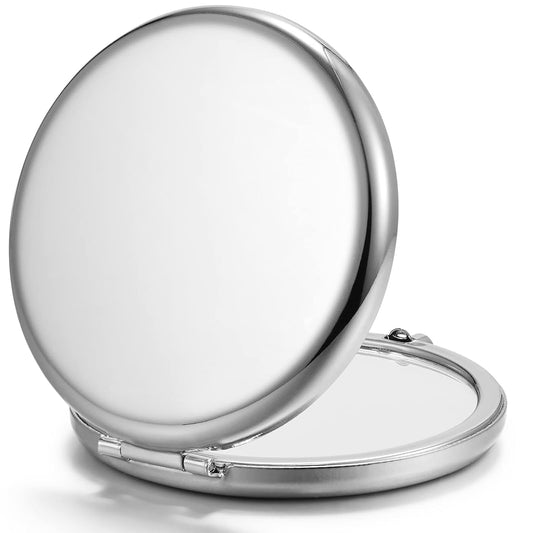 Compact Mirror for Purse, Double-Sided 1X/2X Magnifying Metal Pocket Makeup Mirrors(Round, Silver)