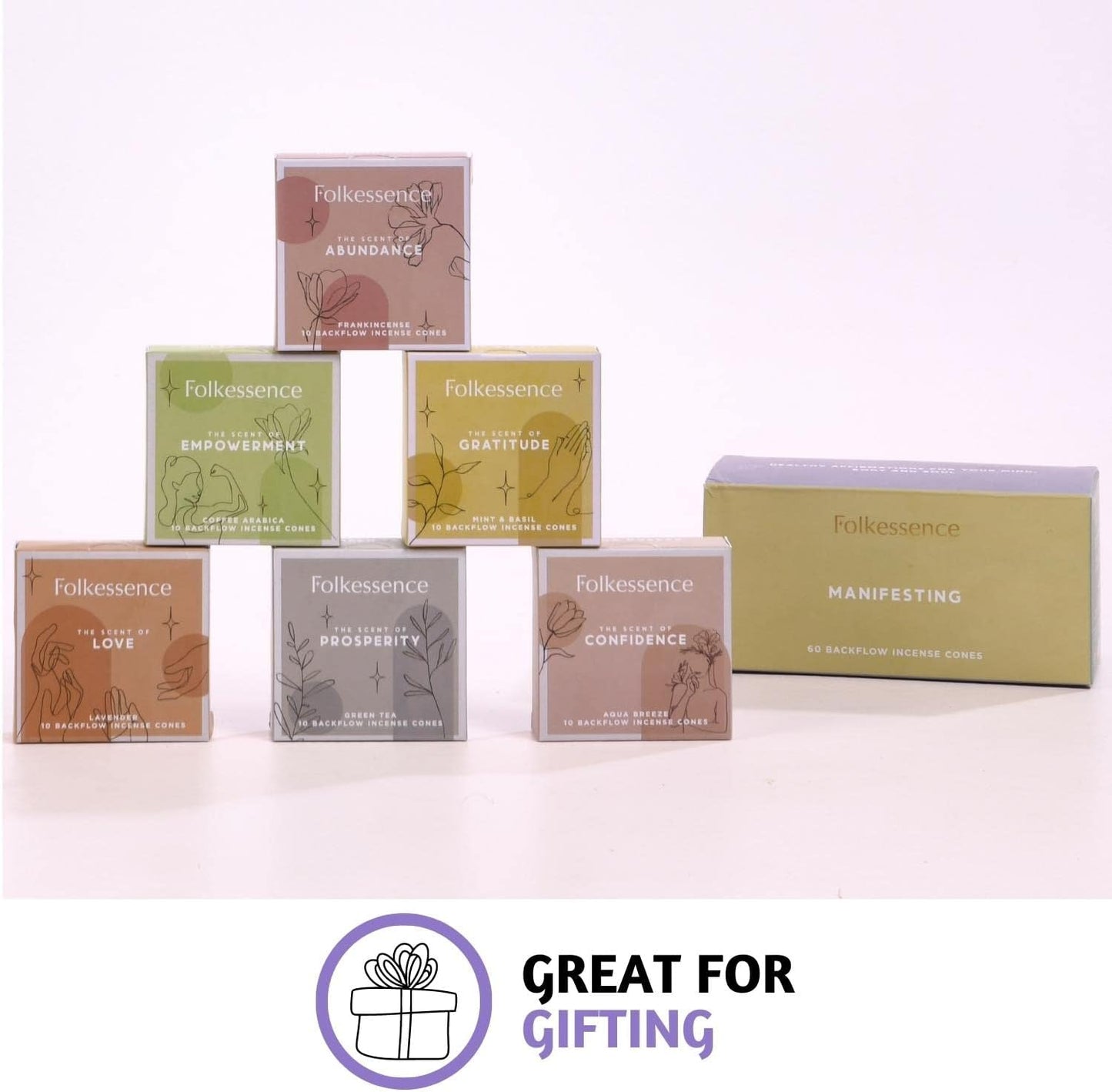 Folkulture Backflow Incense Cones for Waterfall | Set of 6 Waterfall Incense Cones for Gifts for Her | Aqua Breeze, Mint & Basil, Lavender, Green Tea Inscents-Cones (Manifesting)