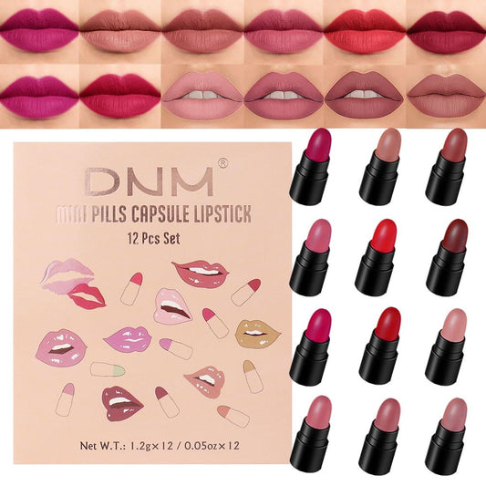 evpct 12Pcs Mini Pills Lipstick Capsule Set for Women Waterproof Long Lasting, Dark Ruby Plum Rose Red Nude Pink Mauve Taupe Brown Matte Small Magic Permanent 24 Hour Lipstick Bulk Samples 01