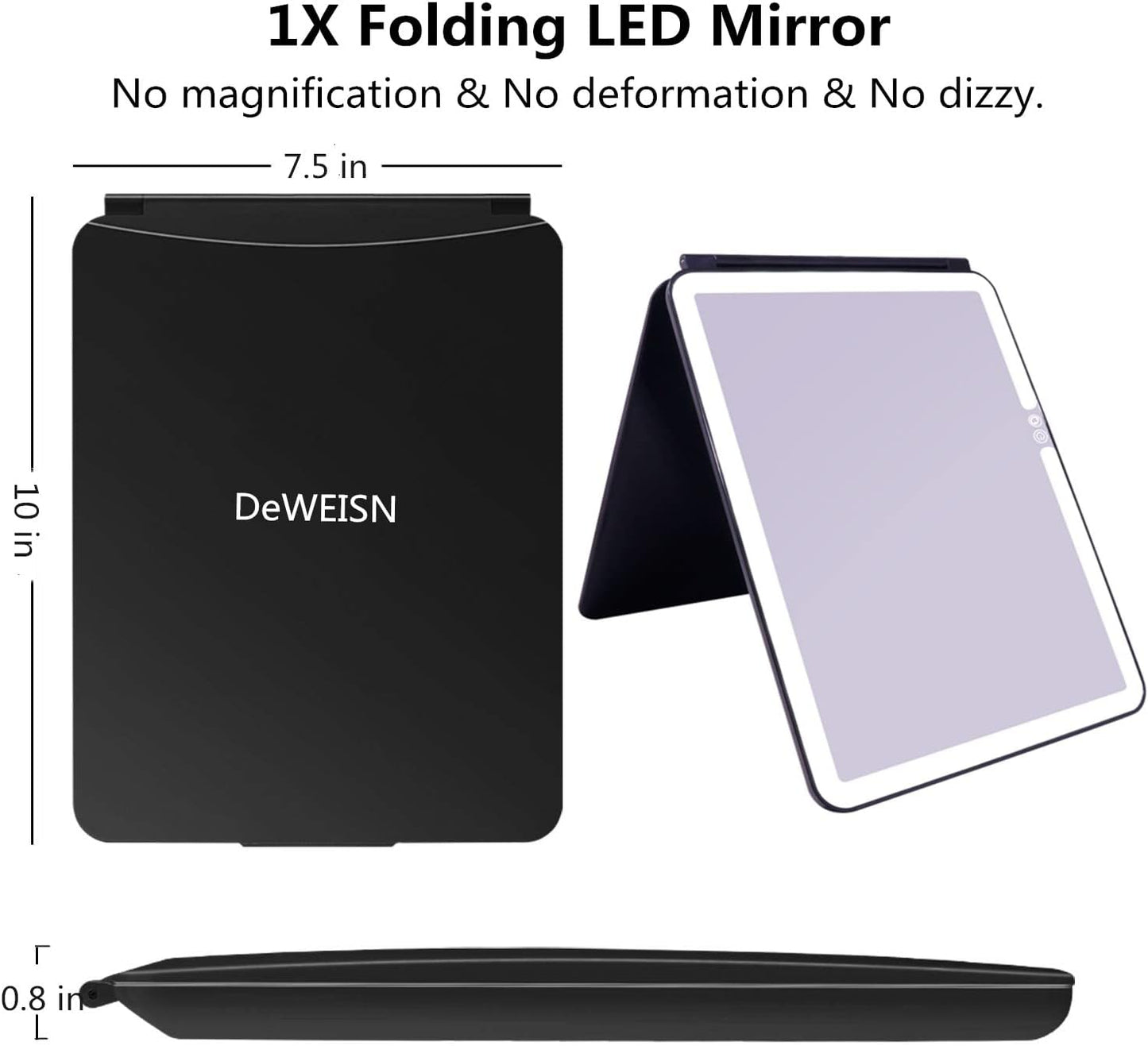 deweisn Folding Lighted Makeup Mirror with 72 LEDs 3 Colors Light Modes USB Rechargable 1800mA Batteries Portable Ultra Thin Compact Vanity Mirror Dimmable Travel Mirror
