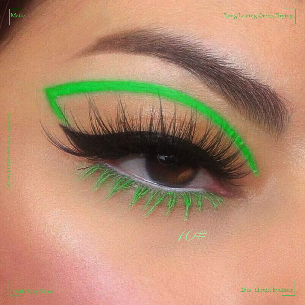 evpct 2Pcs Emerald Neon Green Purple Liquid Eyeliner Set Waterproof Colored Color Eye Liners for Women Stamps Shapes for Eyes delineadores de colores para ojos delineador de ojos contra el agua 05&10