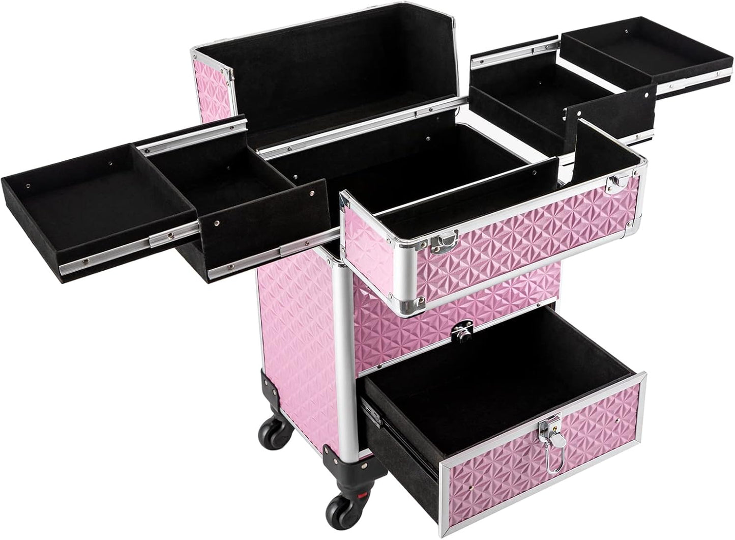 Rolling Makeup Train Case Professional Cosmetic Organizer Large Capacity Trolley Makeup Travel Case with 360° Swivel Wheels for Makeup Artist (Pink)