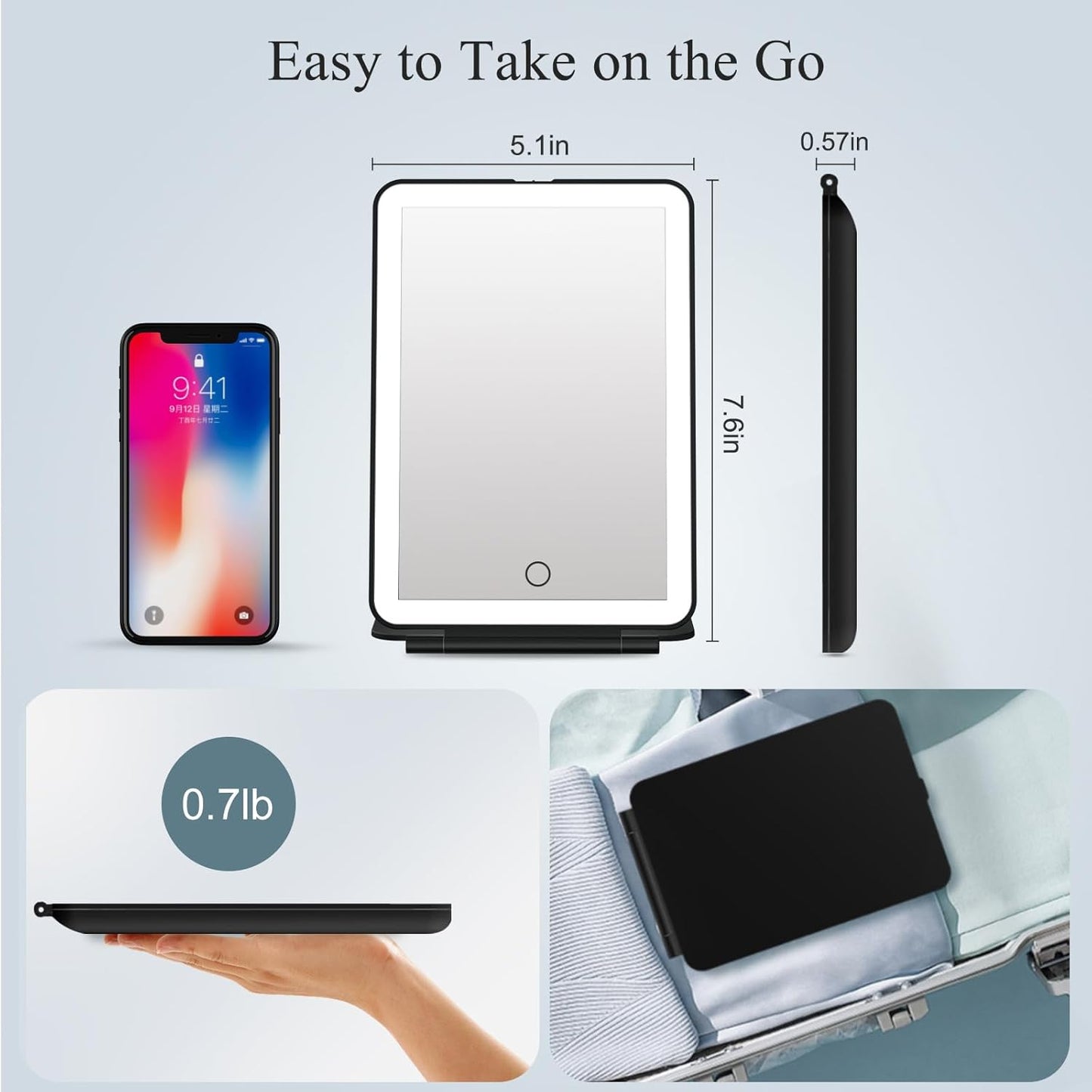 FUNTOUCH Rechargeable Travel Makeup Mirror with 72 Led Lights, Portable Lighted Beauty Mirror, 3 Color Lighting, Dimmable Touch Screen, Tabletop LED Folding Cosmetic Vanity Mirror