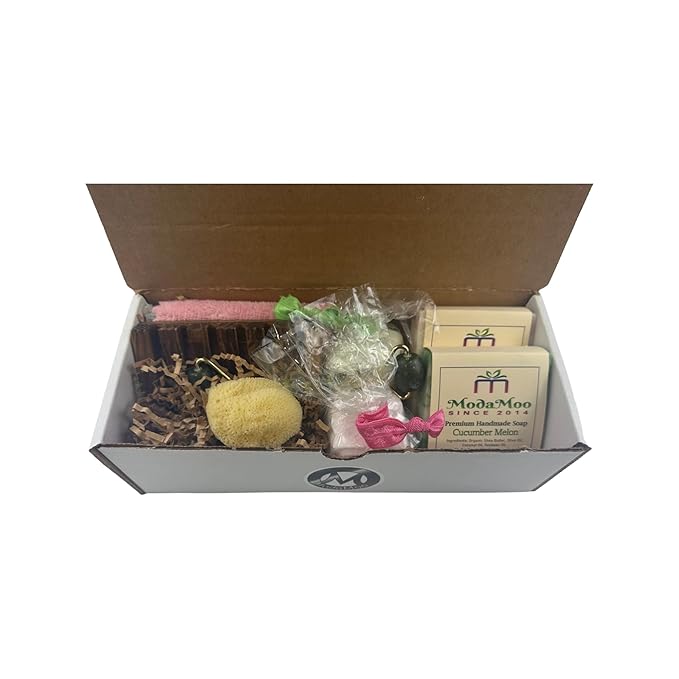 ModaMoo's Day Spa Gift Box Set. Cucumber Melon and Asian Tea Blossom Soaps, Jade Roller, Sea Sponge, and More