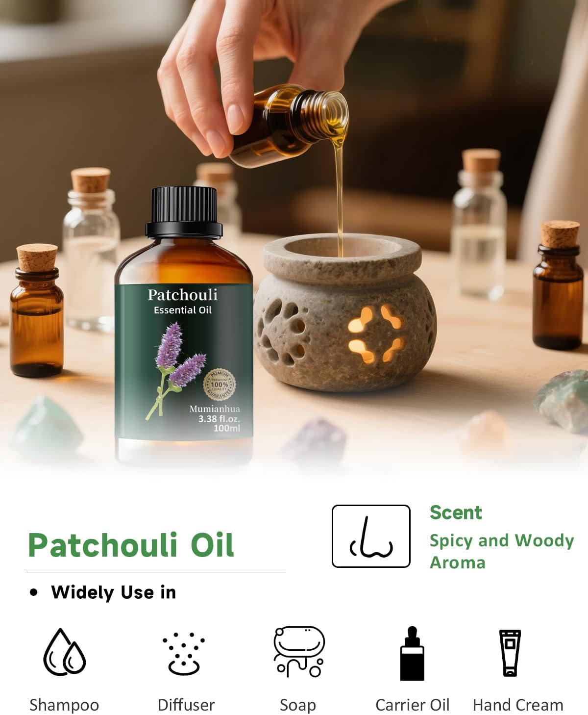 Mumianhua 100% Pure Patchouli Essential Oil Therapeutic Grade Natural Patchouli Oil for Diffuser, Perfume, Skin,Hair, Soap Making, DIY, Spraying 3.38 Fl Oz
