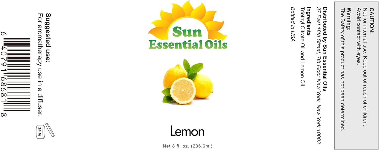 Sun Essential Oils - Lemon Essential Oil 8 oz for Cleaning, Diffuser, Humidifier & Aromatherapy Body Massage, Lemon Fragrance Scent for Home Candle Making with Dropper