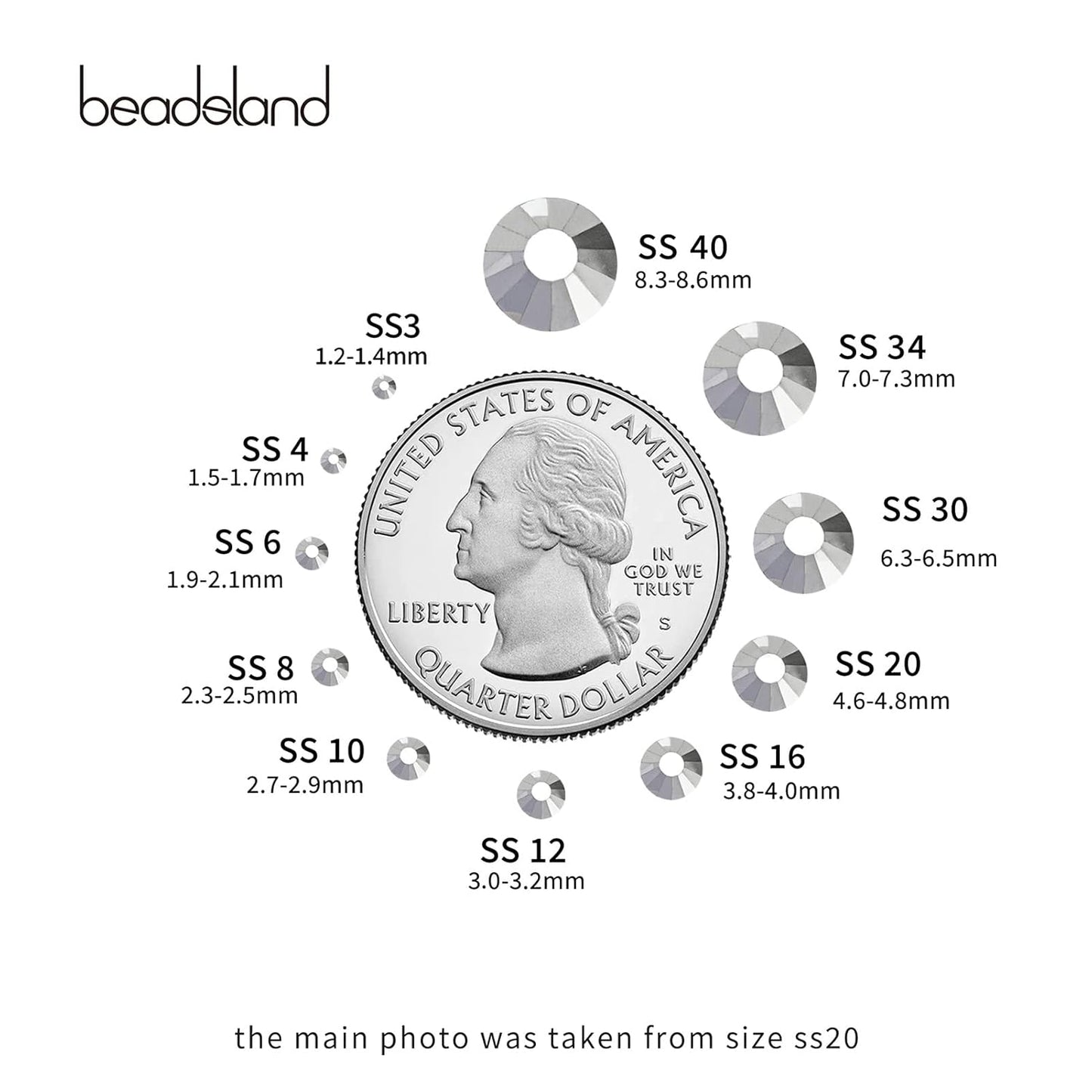 beadsland Flat Back Crystal Rhinestones Round Gems for Nail Art and Craft Glue Fix,Silver Hematite (1.9-2.0mm) SS6/1440pcs