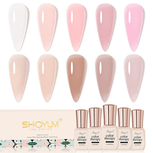 Jelly Nude Gel Nail Polish Set, 10Pcs Sheer Milky White Pink Transparent Gel Polish Kit UV LED Nail Gel Polish Colors Varnish Nail Art DIY Salon 7ML
