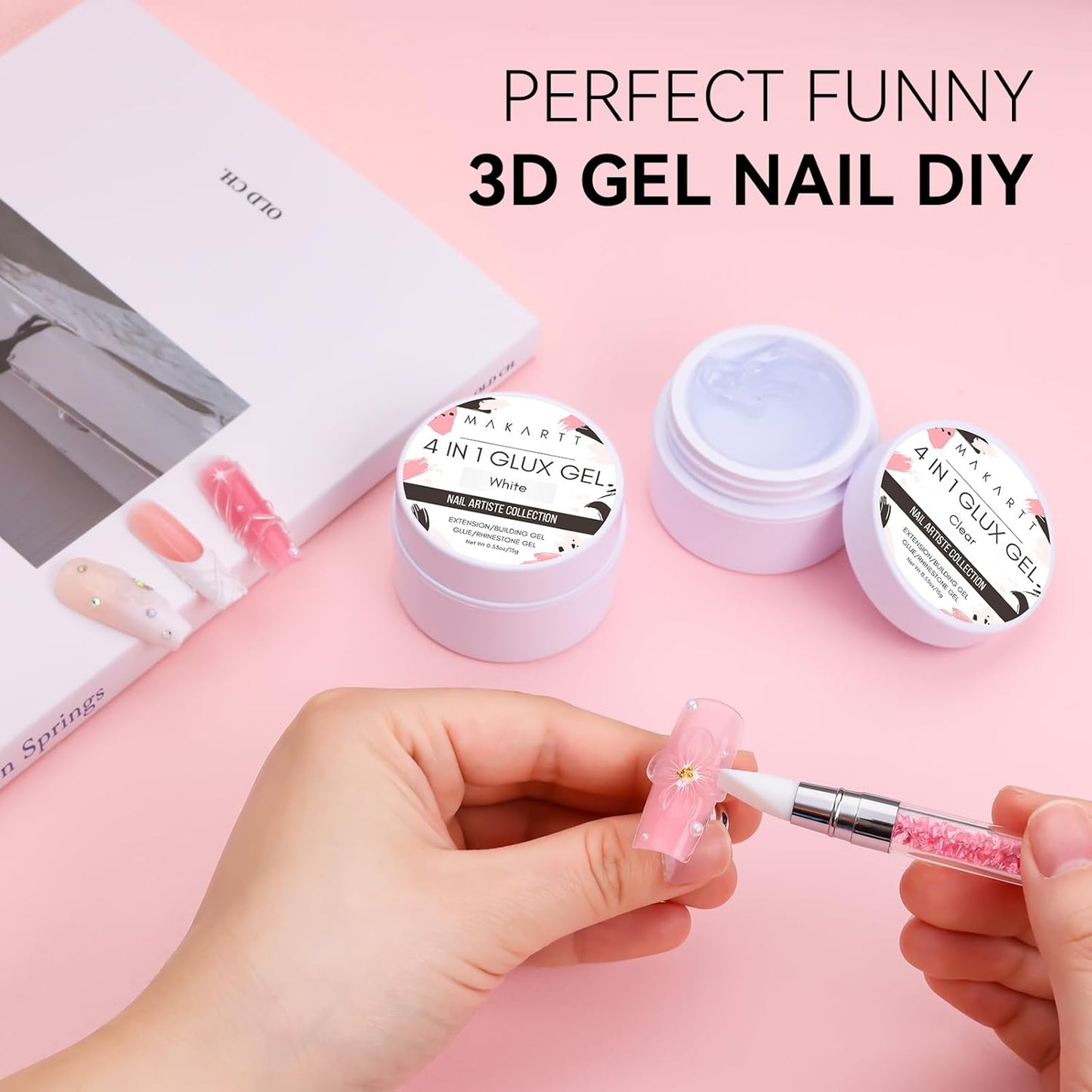 Makartt 3D Gel Nail Art: 4-in-1 Clear & White Solid Gel Builder Non-sticky for Extension 3D Sculpting Nail, UV Glue for Acrylic Nails, Rhinestones & Sculpture Hard Gels for Nails UV/LED Lamp Required