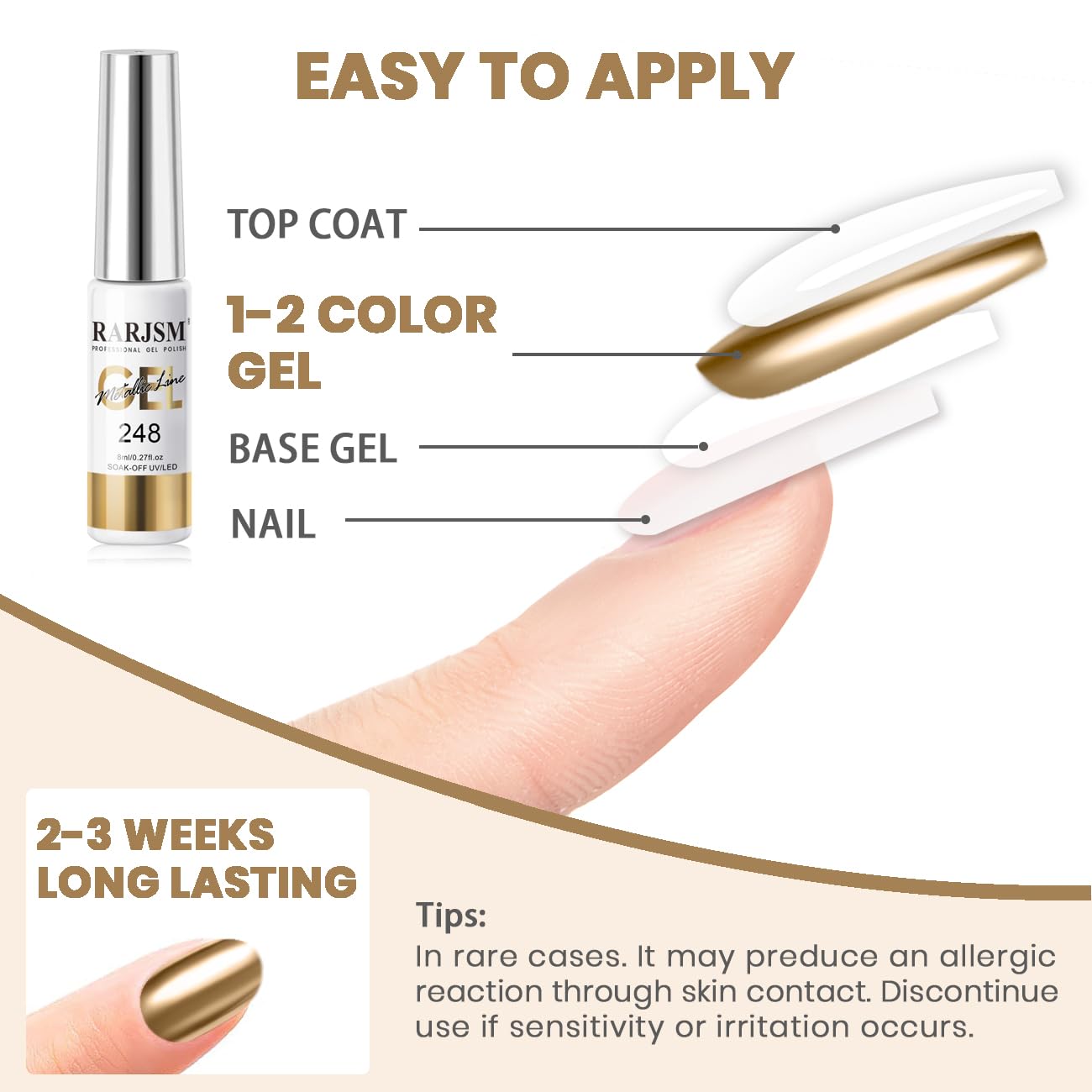 RARJSM Nail Art Gel Liner Metallic Bronze Gold and White 2pcs Set Mirror Chrome 3D Effect Gel Nail Polish 8ml Build in Thin Brush Swirl Drawing Stripper Gelpolish Curing Requires for Home Salon