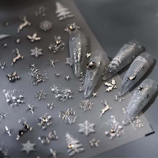 5D Embossed Christmas Nail Art Stickers Sliver Xmas Nail Art Decals Xmas Tree Nail Sticker Self-Adhesive Elk Snowflake Rhinestone Nail Decals for Women Winter Nail Supplies Manicure DIY