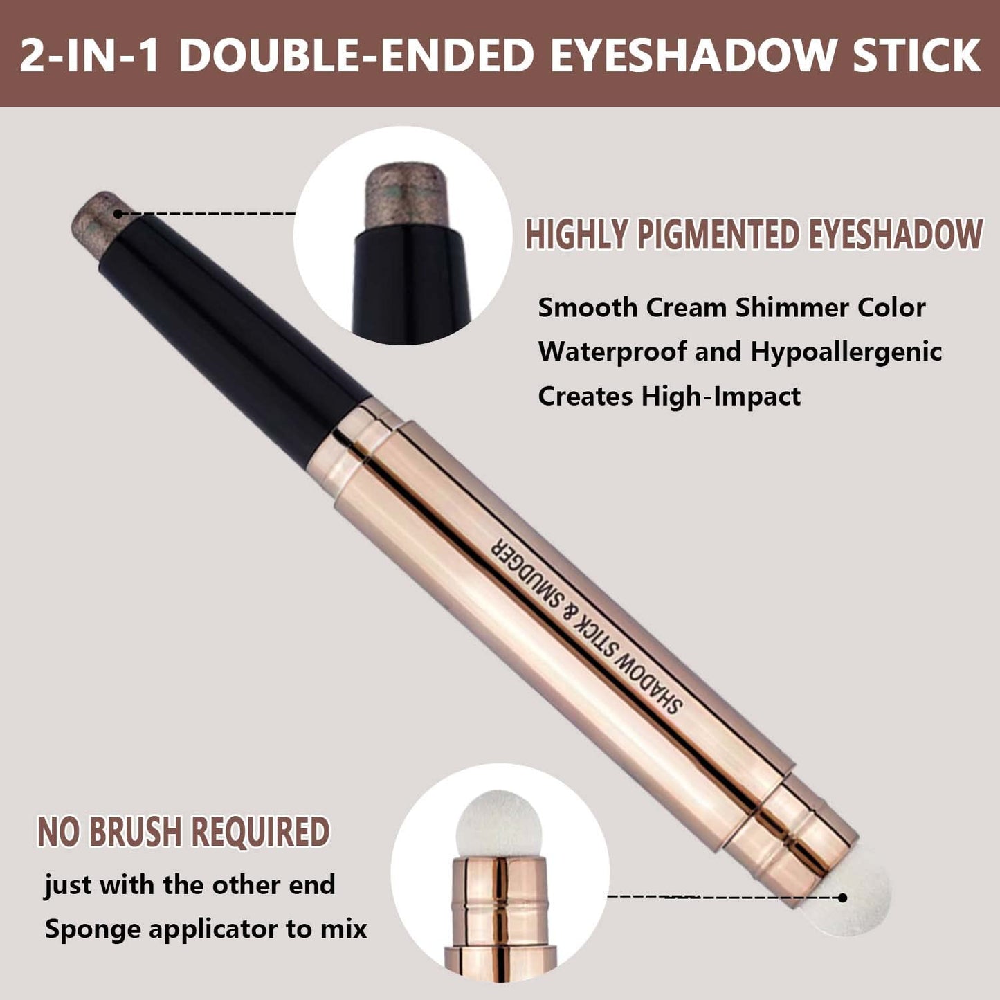 2 in 1 Cocoa Brown Eyeshadow Sticks and Sponge Makeup Brush Silky Cream Glitter Eyeshadow Pencil Crayon Long Lasting Waterproof Eye shadow Highlighter Stick Pen(Thriving brown shimmer 07#)