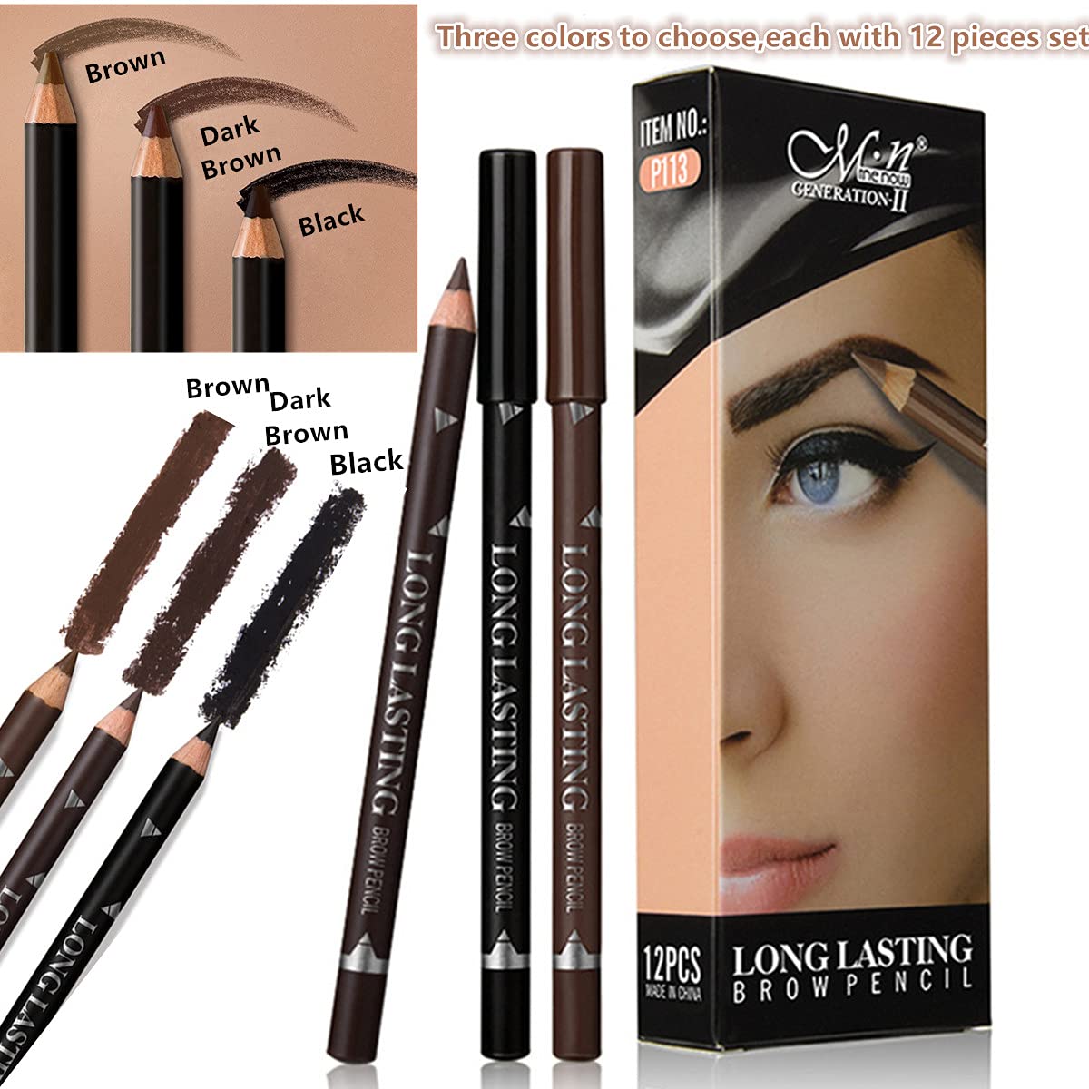 Go Ho 12 PCS Brown Eyebrow Eyeliner Pencils,Sweatproof Eyebrow Pencil,Long-lasting Nice Color Eye Brow Gel Pen Makeup Brow Tint Sticks（Medium Brown）
