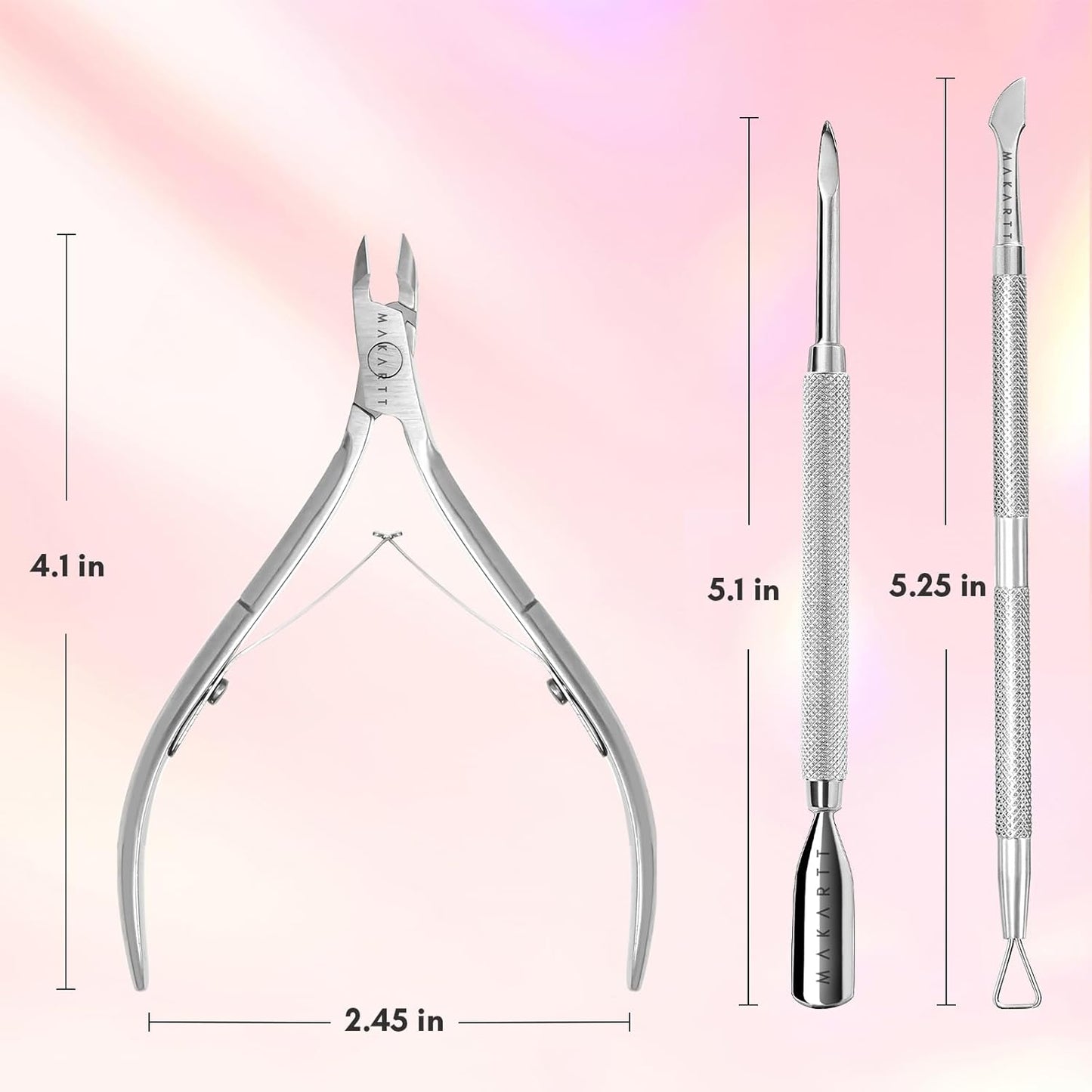 Makartt Cuticle Trimmer with Cuticle Pusher, Silver Nail Trimmer Nail Care Manicure and Pedicure Kit with Stainless Steel Cuticle Nipper and Dual End Nail Pushers for Home Salon Use (Pack of 3 PCS)