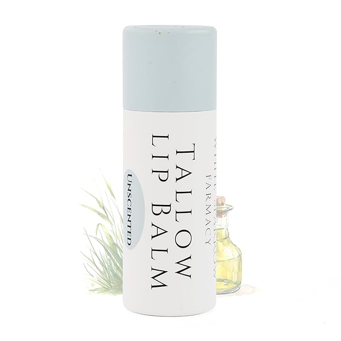 Organic Tallow Lip Balm (Unscented) from Grass Fed Cows. Super hydrating with Tallow, Olive Oil, Honey, and Beeswax. Sustainable Cardboard Tubes & Hand Filled. Jumbo Size 0.5 oz.