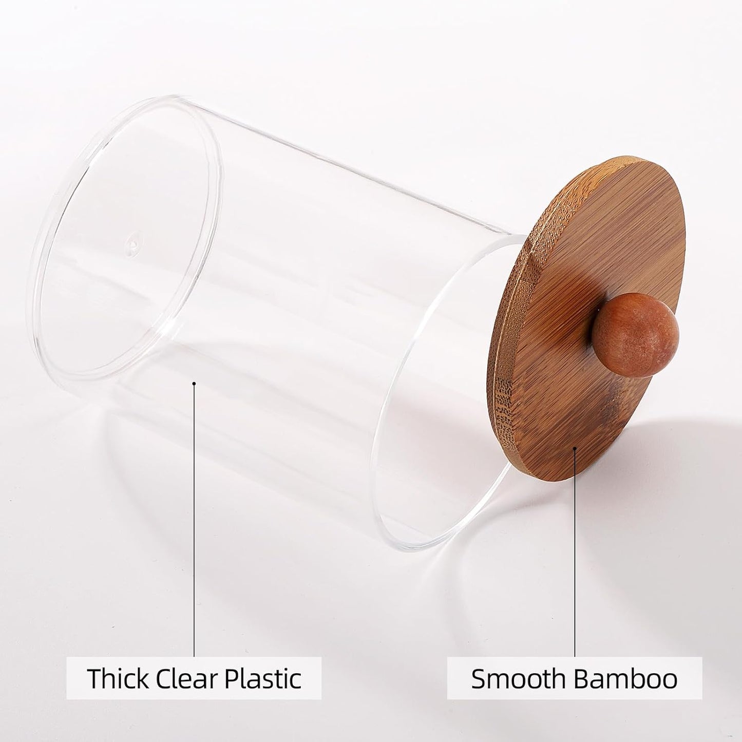 Tbestmax 4 Pack Qtip Holder Dispenser, Plastic Bathroom Organizer and Storage Containers, 10oz Apothecary Jars with Brown Bamboo Lid for Cotton Ball, Cotton Swab, Floss