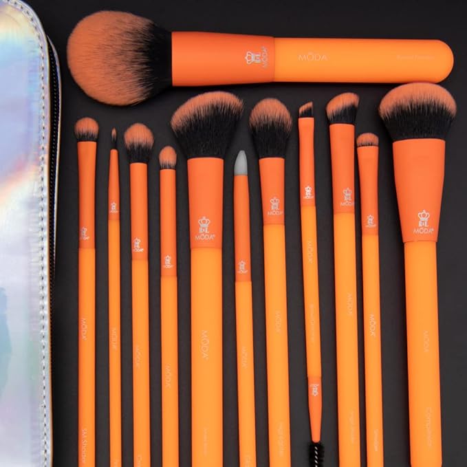 MODA Totally Electric Neon Orange Full Face Makeup Brush Kit – 13pc Vibrant Brush Set for Face & Eyes with Zip Case