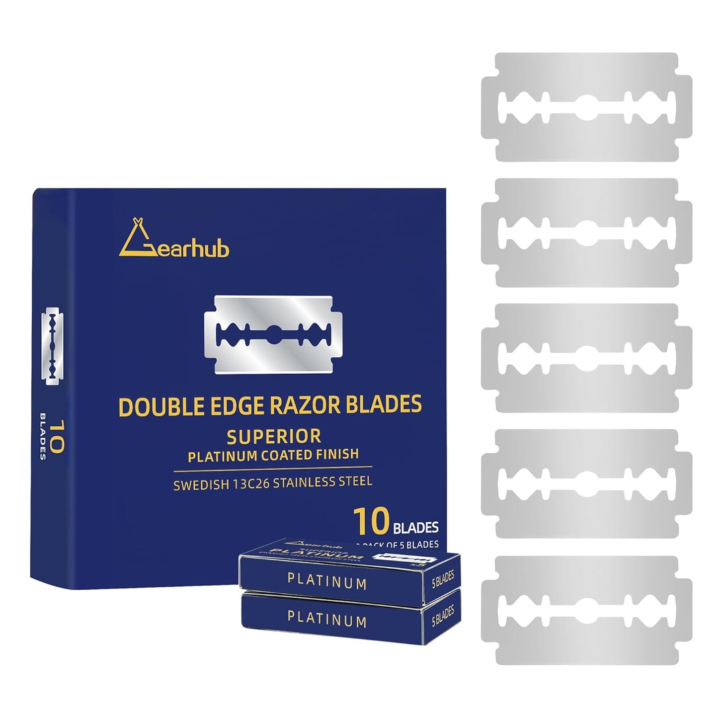 Gearhub Premium 10 Count Double Edge Safety Razor Blades Refills Swedish 13C26 Stainless Steel Platinum Coated, Mild to Medium Sharpness for Smooth Shaves