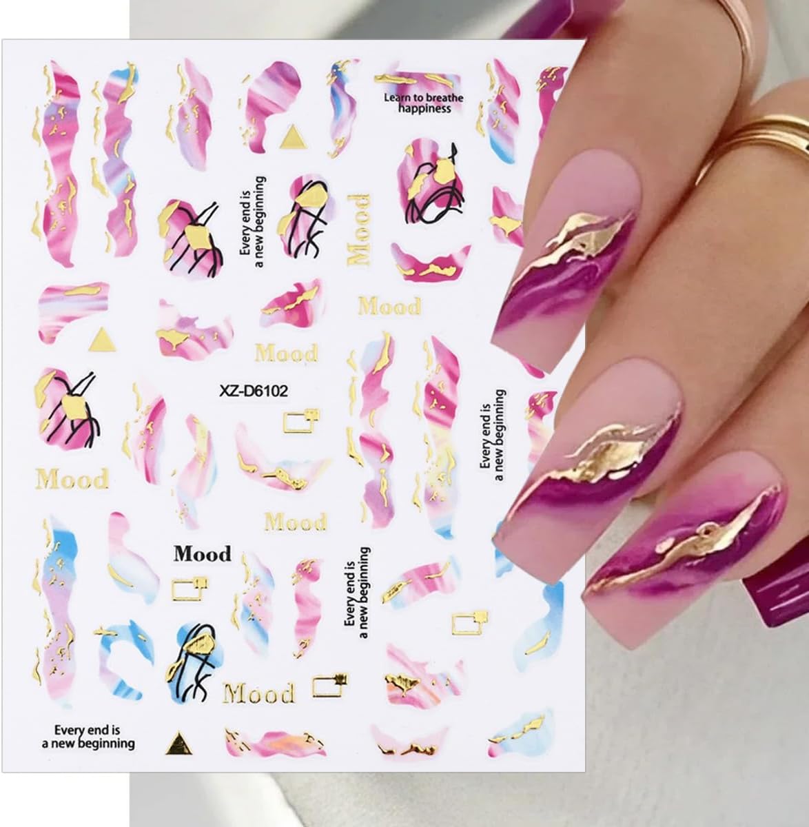 6 Sheets Marble Nail Stickers 3D Bronzing Gold Marble Nail Art Stickers Blooming Nail Decals Watercolor Smudge Summer Nail Sticker Self-Adhesive Foil Sticker for Women Girls Acrylic Nail Decorations