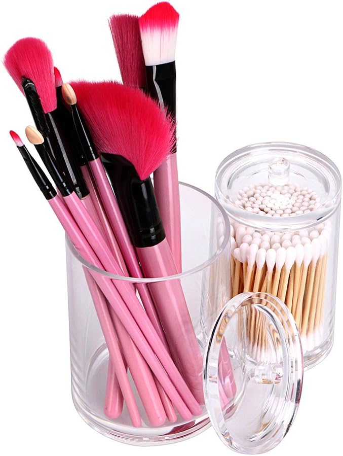 Hipiwe Clear Acrylic Cotton Swab Holder Preminm Quality Round Container Cotton Pad Q-tip Organize Case for Make Up Brush Clear Apothecary Jar