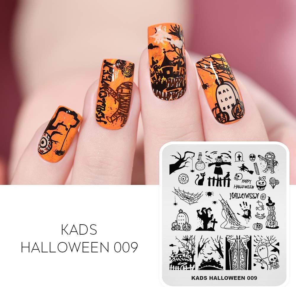 KADS 5pcs Nail Stamp Plates Set Halloween Nails Art Stamping Plate Thrill Pattern Bat Spider Skeleton Pumpkin Lantern Witch