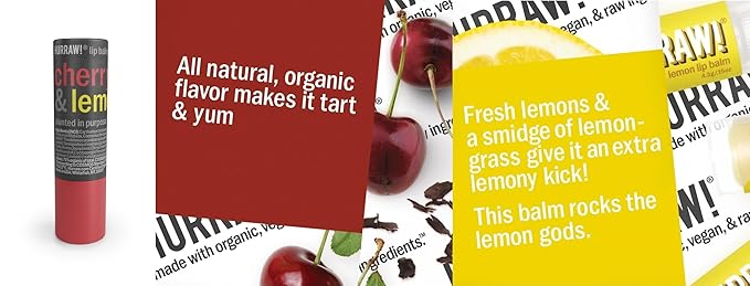 Hurraw! Cherry & Lemon Lip Balm, 3 Pack: Plastic-Free with new cardboard push-up tube. Certified Organic, All Natural Origin, Vegan & Cruelty Free. Gluten Free. Bee, Shea, Soy & Palm Free. Made in USA