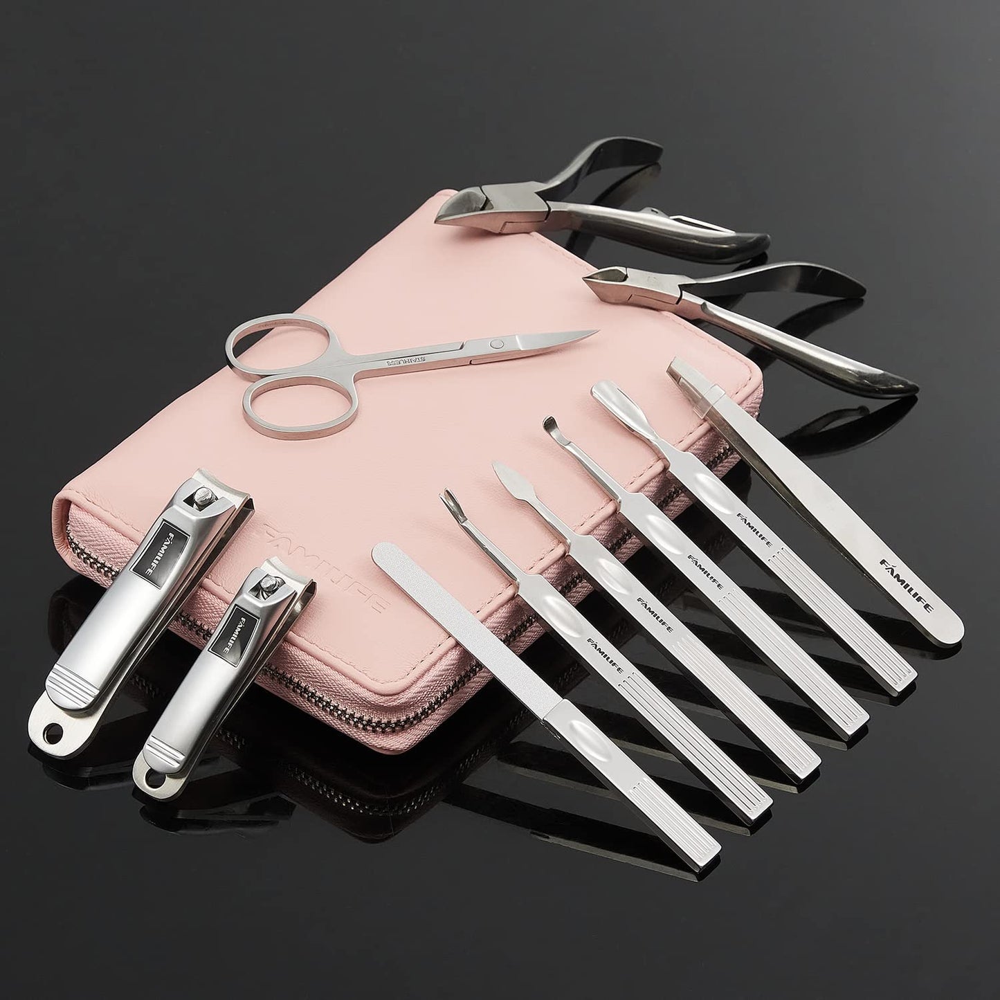 FAMILIFE Manicure Set Professional Manicure Kit Nail Kit - 11PCS Gifts for Her Nail Clippers for Women Stainless Steel Pedicure Sets Pink Leather Case