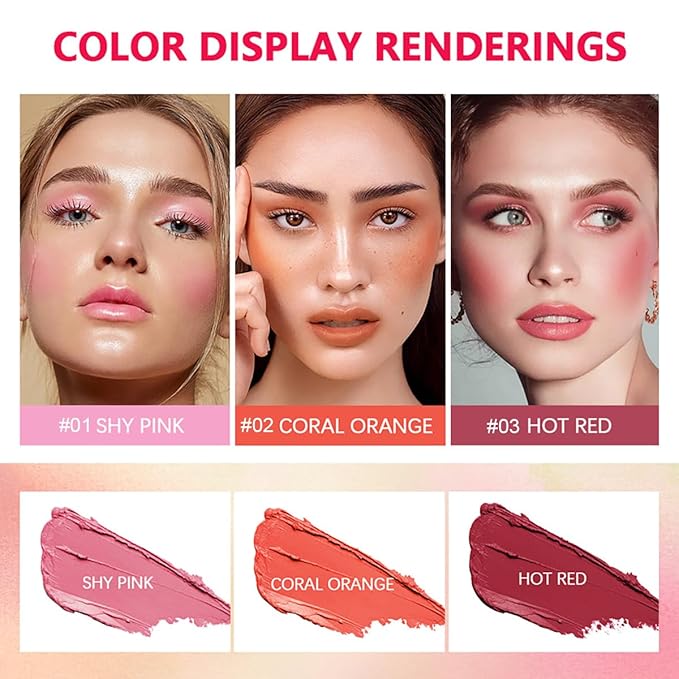 Multi-Use Makeup Blush Stick, Beauty Tinted Solid Blush Stick, 3-in-1 Cream Blush Stick for Cheek/Eyes/Lips, Waterproof Moisturizer Stick, Suitable for All Skin (02# Coral Orange)
