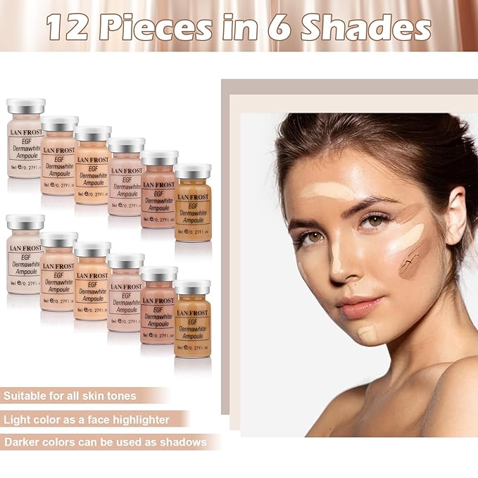 BB Facial Glow Serum Starter Kit Hyaluronic Acid Essence Foundation Skin Care Kit 0.27oz 12 Vials, Combined With Niacinamide and Peptides To Brighten Skin Tone Anti-Aging Foundation 6-Color Mix Pack