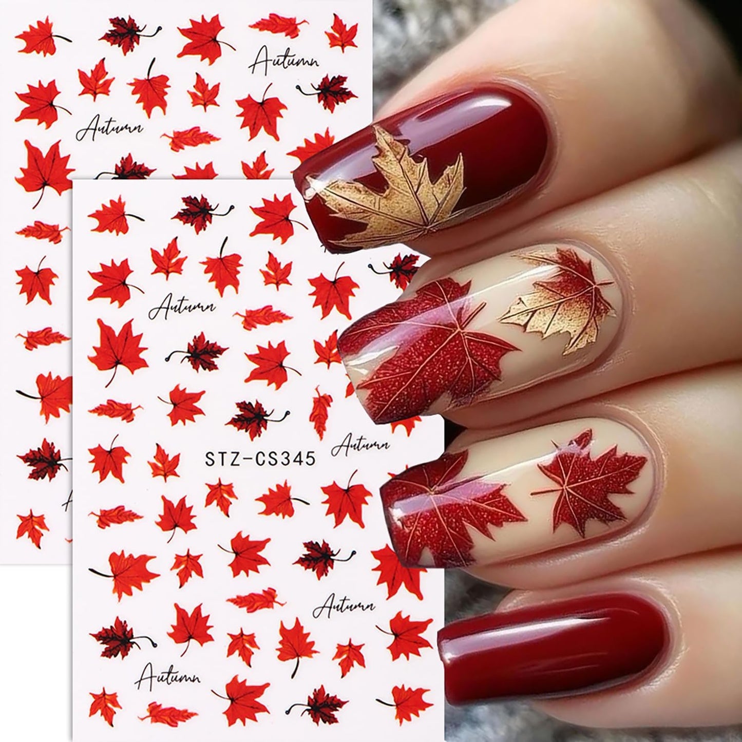 6 Sheets Thanksgiving Day Nail Art Stickers 3D Self -Adhesive Fall Red Maple Leaf Nail Decals Holographic Autumn Maple Leaf Letter Nail Stickers Festival Nail Decoration for Women Manicure Supplies
