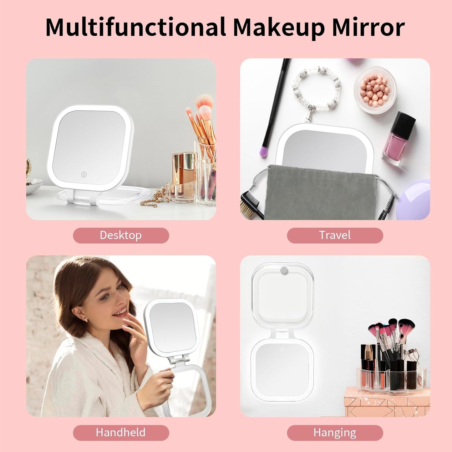 DESCHEN Rechargeable Travel Makeup Vanity Mirror with Lights and Magnification, Portable 1X/10X Magnifying Mirror with 3 Color Light, Lighted Makeup Mirror with Magnification, Folding LED Desk Mirror