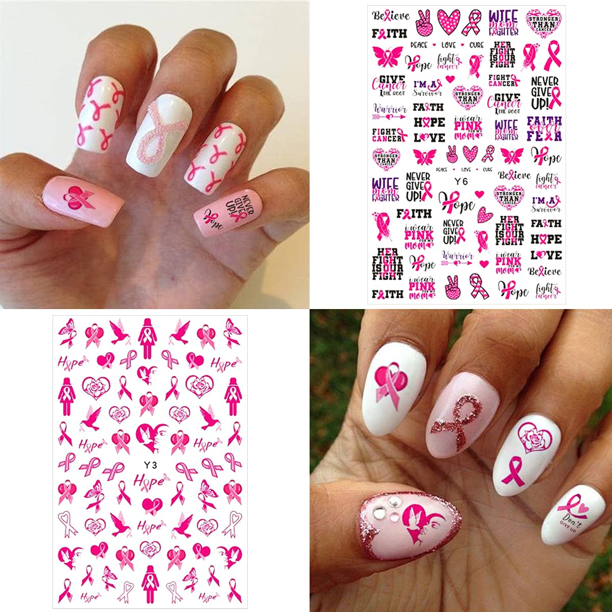 6 Sheets Breast Cancer Nail Art Stickers 3D Self-Adhesive Nail Decals Pink Ribbon Nail Stickers Heart Breast Cancer Awareness Nail Decoration for Women Girls DIY Manicure Tips Nail Charms