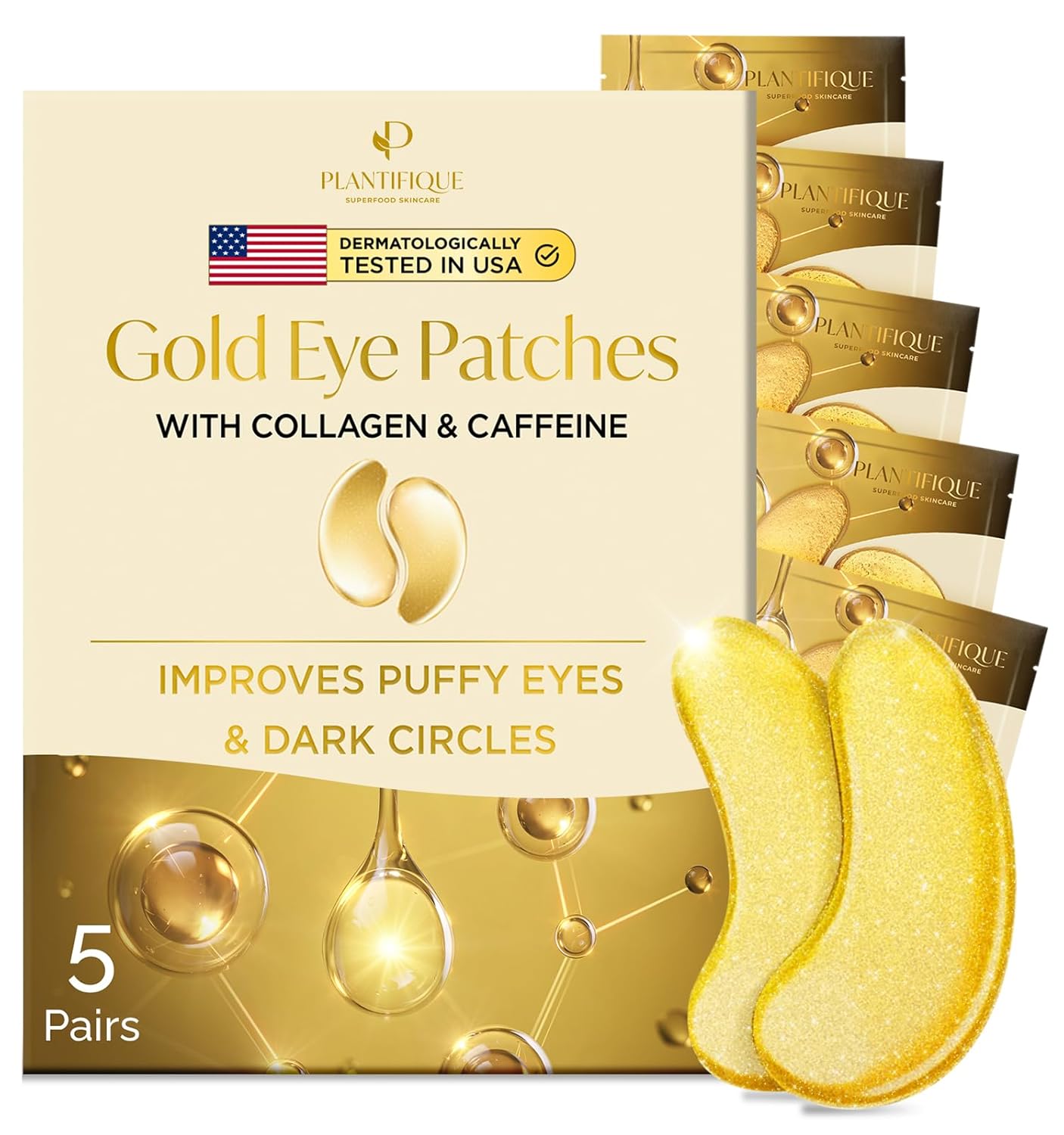 PLANTIFIQUE Gold Eye Patches for Puffy Eyes and Dark Circles 5 Pairs Under Eye Masks for Dark Circles and Puffiness Eye Gels with Collagen & Caffeine Eye Patches Gold Eye Mask Skincare