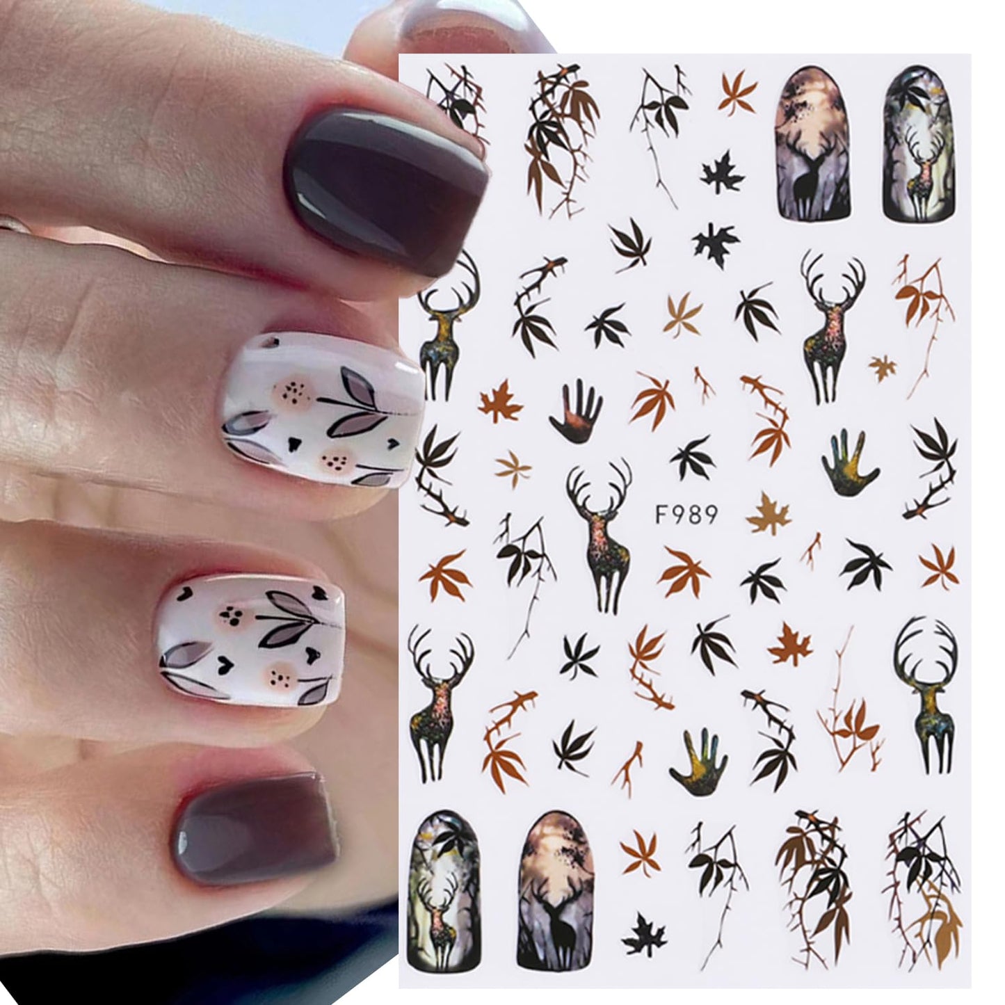 6Sheets Fall Nail Art Stickers Gold Yellow Maple Leaf 3D Self-Adhesive Nail Decals Cute Squirrel Elk Designs Autumn Nail Decorations Thanksgiving Nail Supplies for Women Girls DIY Nail Accessories
