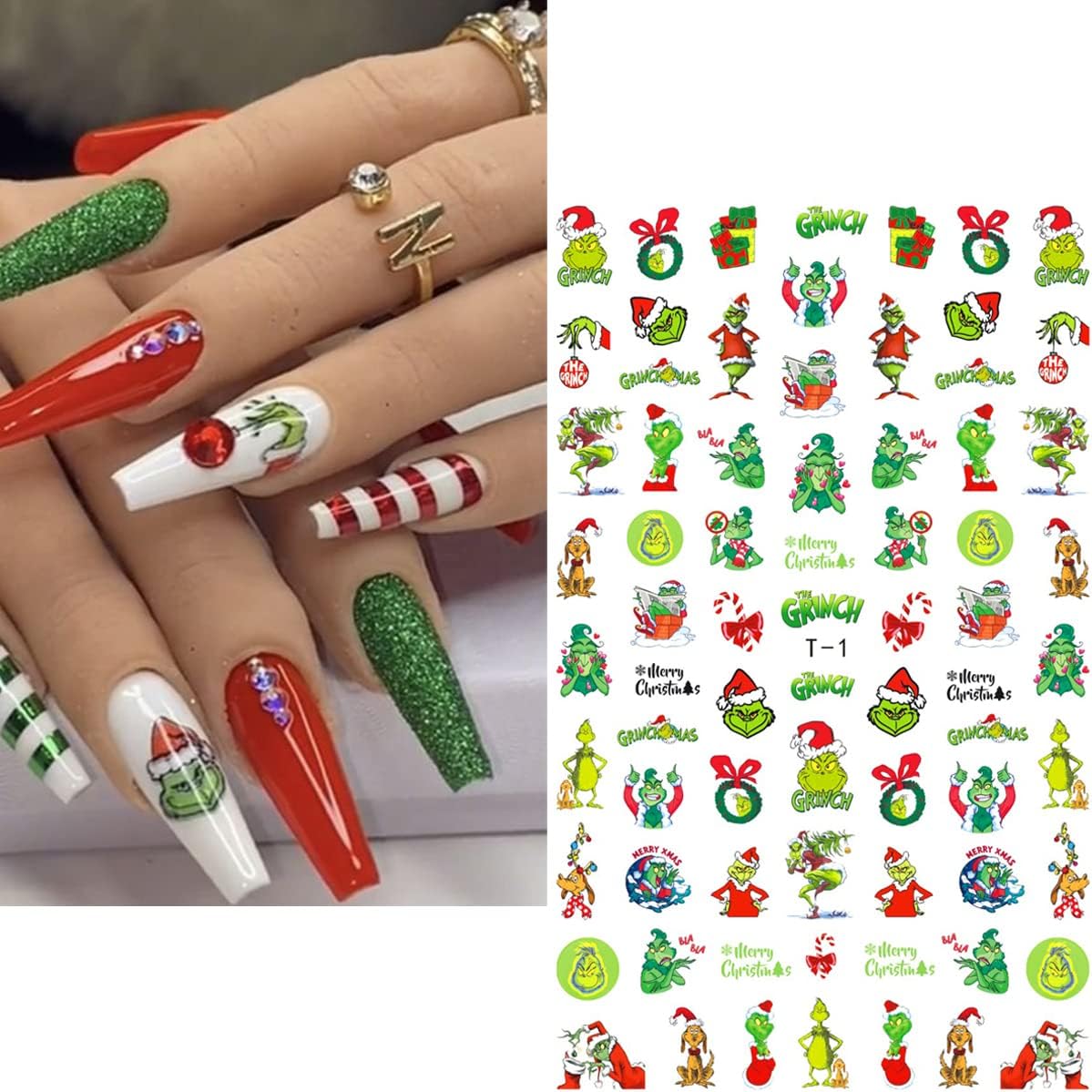 8 Sheets Christmas Nail Art Stickers - 3D Christmas Nail Decals with Xmas Tree, Santa Claus Designs - Holiday, Winter Nail Stickers for Women, Girls & Kids