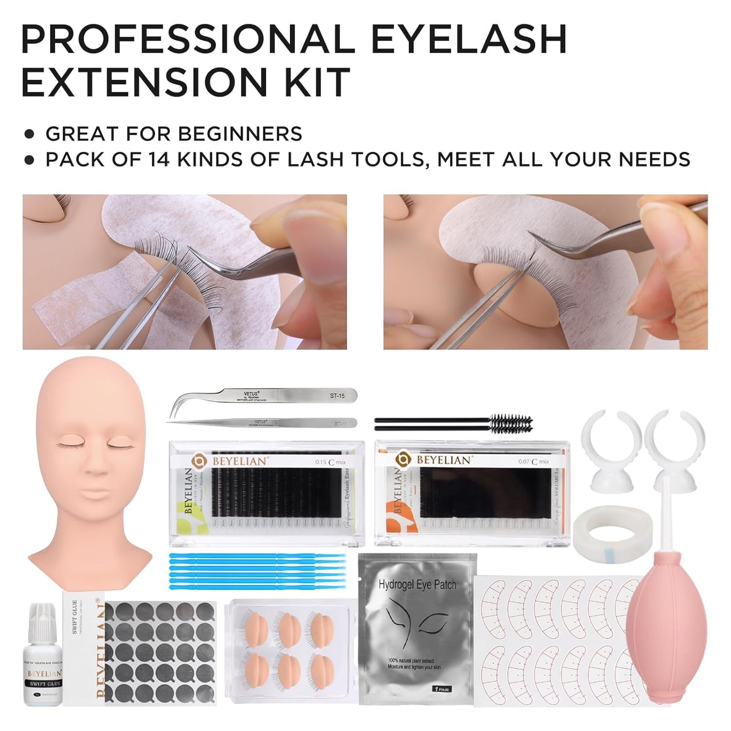 BEYELIAN Eyelash Extension Kit, Lash Extension Kit, Professional Lash Mannequin Head Kit with Removable Eyelids, Lash Kit for Eyelash Extensions Beginners 353 Piece Set