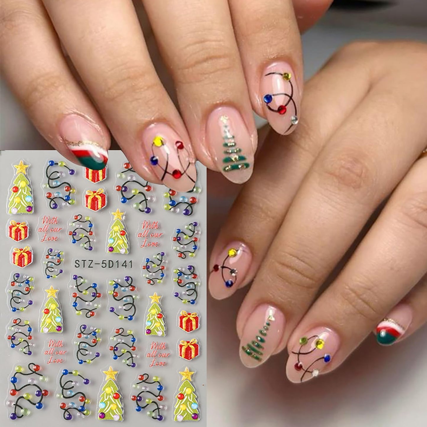 Christmas Nail Art Stickers 5D Self -Adhesive Relief Three-Dimensional Light String Nail Decals Holographic Christmas Tree Gift Nail Stickers Festival Nail Decoration for Women Manicure Supplies