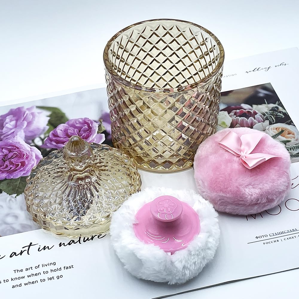 Luxury 4.2 Inch Glass Powder Container with 2 Plush Puffs｜Non-Sealed Refillable Organizer for Body Powder&Makeup｜Setting Powder Applicator w/Loose Powder Storage(Pointed Cylinder-Amber-Large)