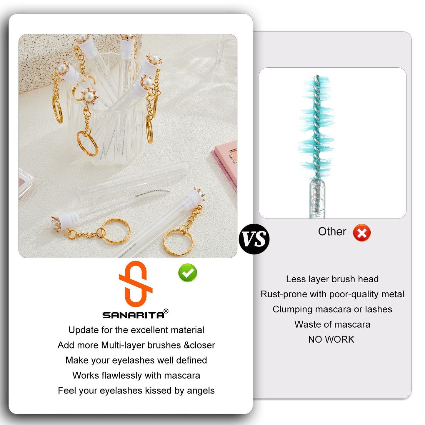 Upgrade 48 Pieces Disposable Mascara Wands Set,Include 24 Pcs Crystal Lash Spoolies Brush and 24 Pcs Reusable Keychain Empty Eyelash Brush Tubes