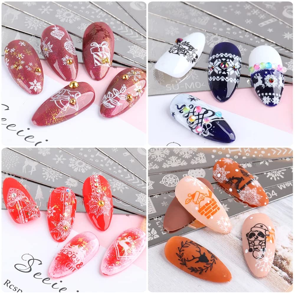 Christmas Nail Stamping Plates, 6Pcs Christmas Nail Stamper Kit Snowflakes Elk Xmas Tree Bell Snowman Winter Nail Art Stencils Plates Nail Manicure Template Design Tool